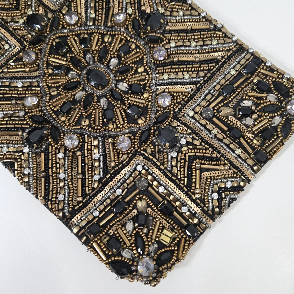 Chico's Black and Gold Beaded Wristlet Clutch